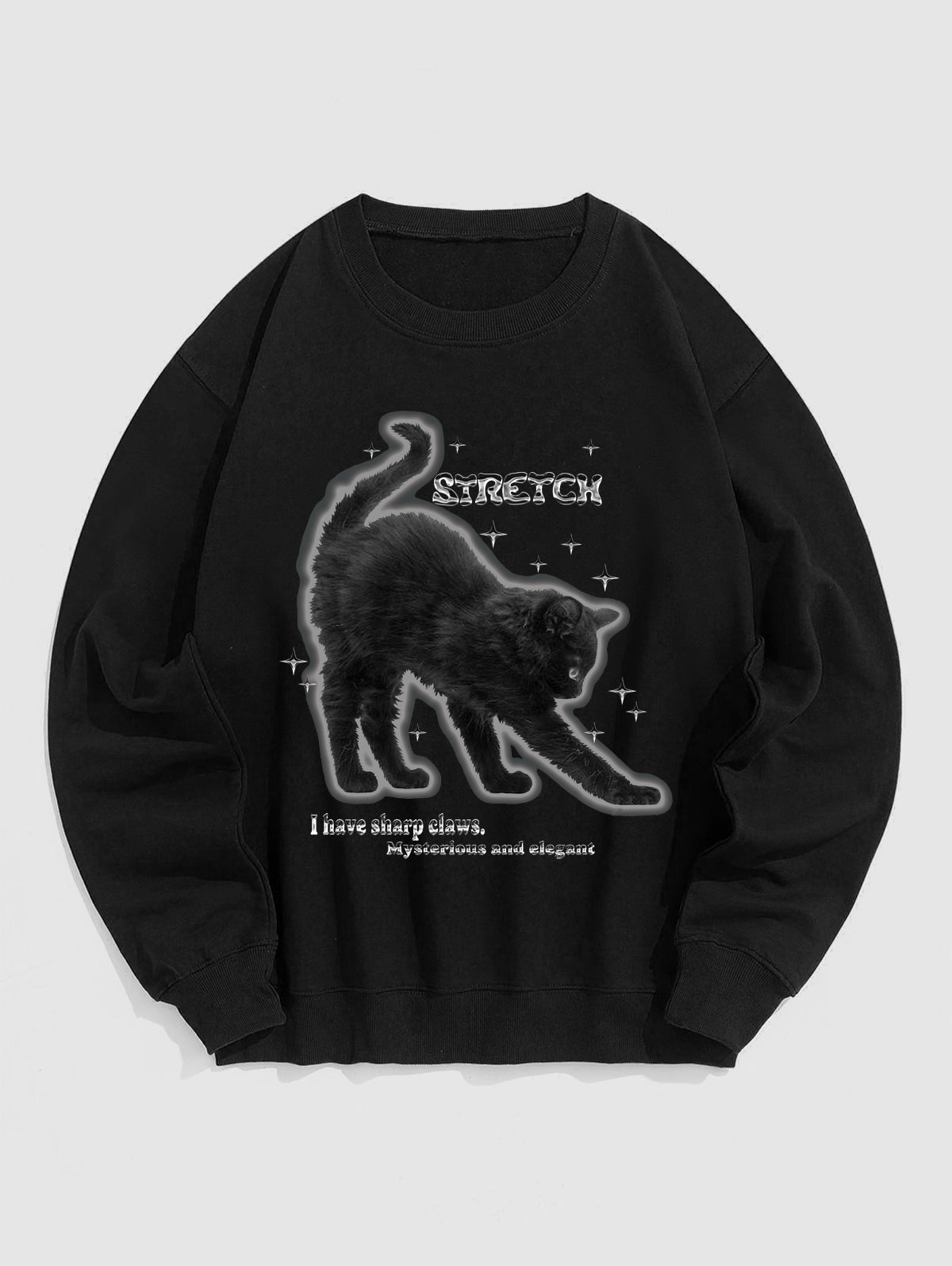 Men's Casual Letter Cat Printed Crew Neck Pullover Sweatshirt