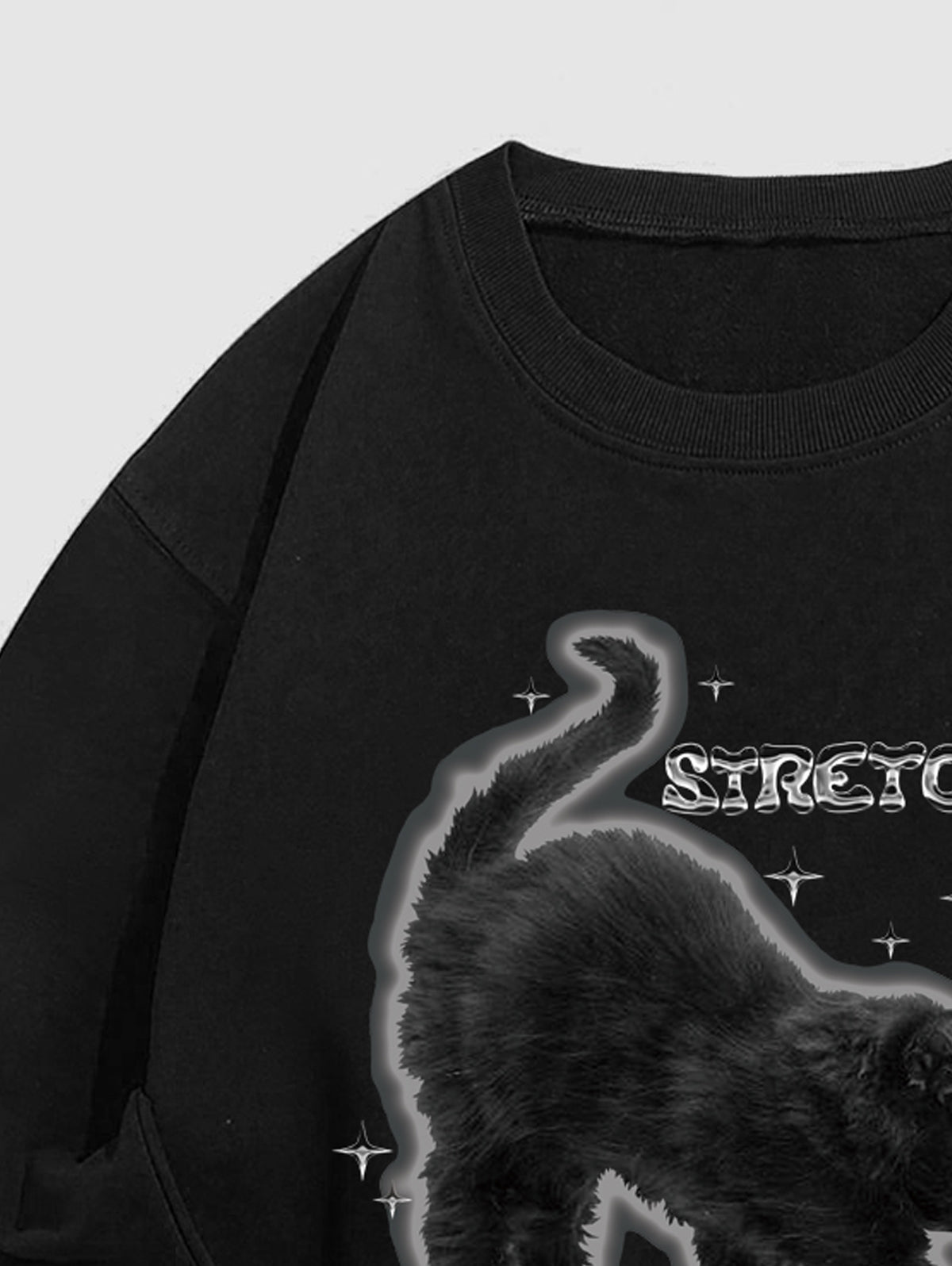 Men's Casual Letter Cat Printed Crew Neck Pullover Sweatshirt