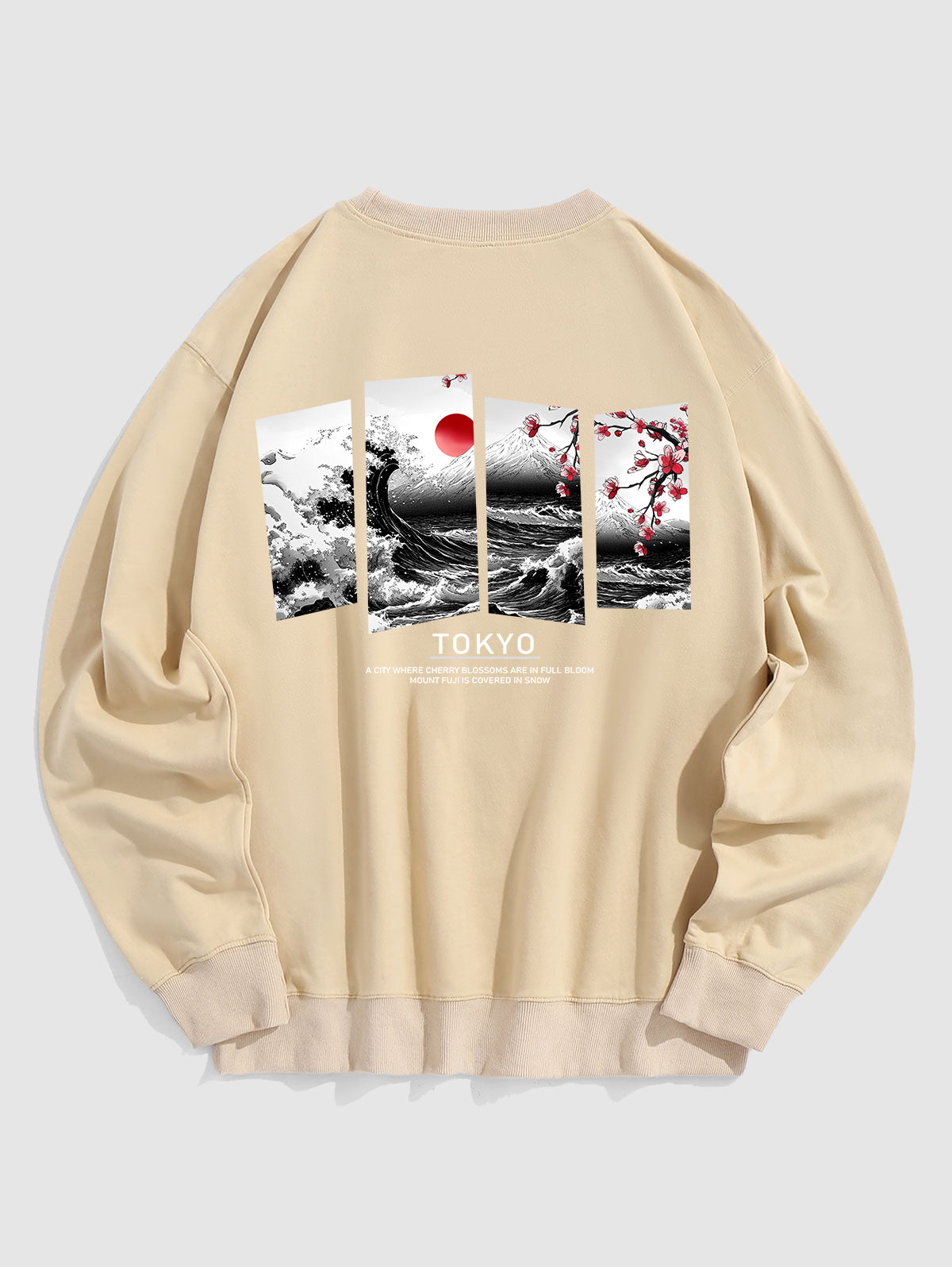 Men's Sea Waves Sun Floral Letter Graphic Printed Crew Neck Pullover Sweatshirt