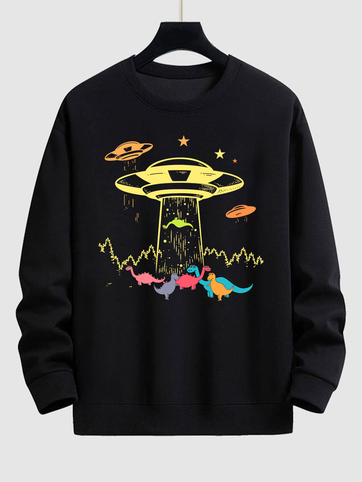 Men's Spaceship Cartoon Dinosaur Five-pointed Star Printed Crew Neck Pullover Sweatshirt