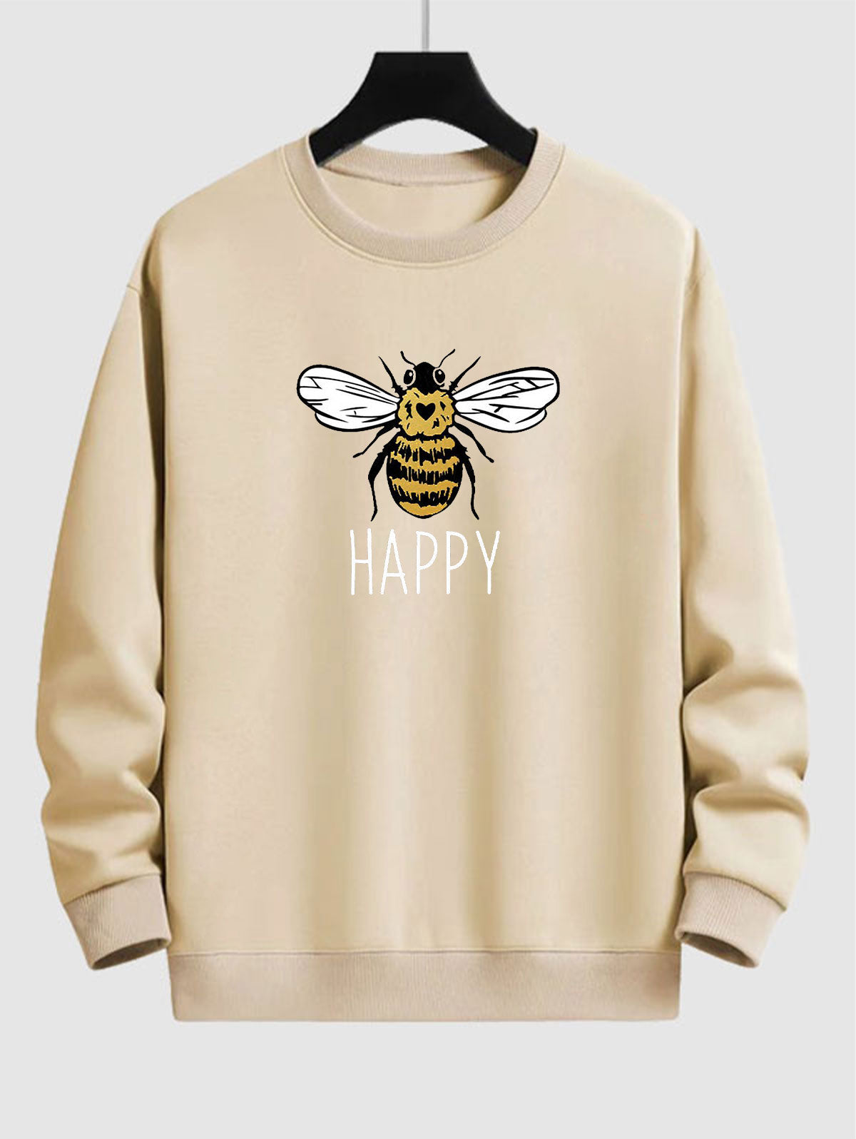 Men's Casual Letter HAPPY Bee Printed Crew Neck Pullover Sweatshirt