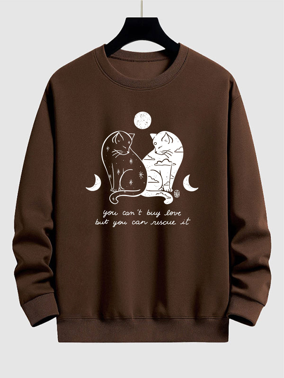 Men's Casual Cat Moon Letter Graphic Printed Crew Neck Pullover Sweatshirt