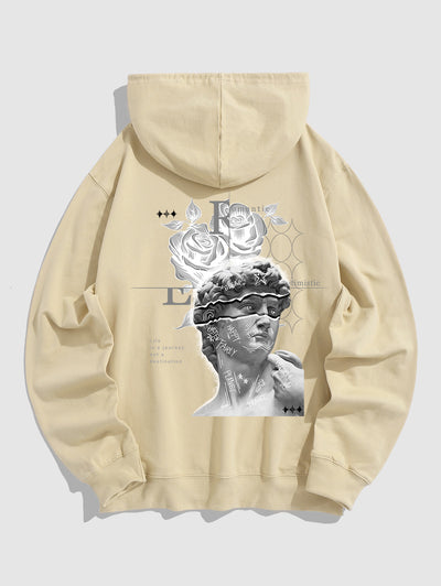 Men's Floral Rose Letter Figure Graphic Printed Kangaroo Pocket Pullover Hoodie