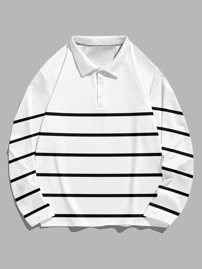 Men's Casual Striped Half Buttoned Polo Collar Long Sleeves T-shirt