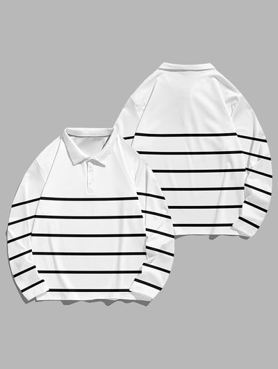 Men's Casual Striped Half Buttoned Polo Collar Long Sleeves T-shirt