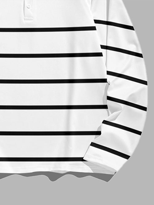 Men's Casual Striped Half Buttoned Polo Collar Long Sleeves T-shirt