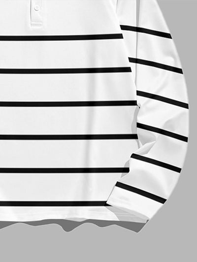 Men's Casual Striped Half Buttoned Polo Collar Long Sleeves T-shirt