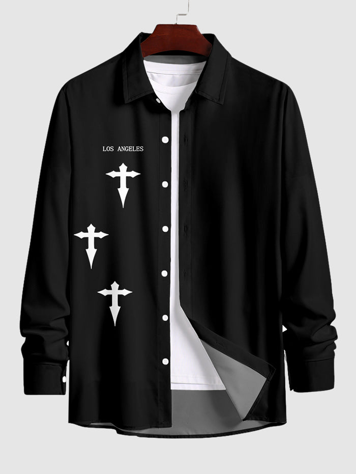 Men's Casual Letter Cross Pattern Button Up Long Sleeve Shirt