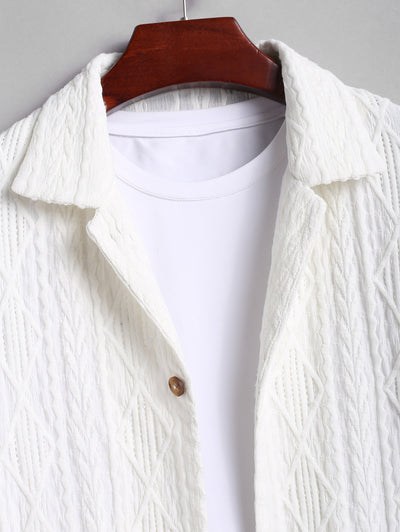 Men's Casual Geometric Lace Openwork Button Up Long Sleeves Shirt