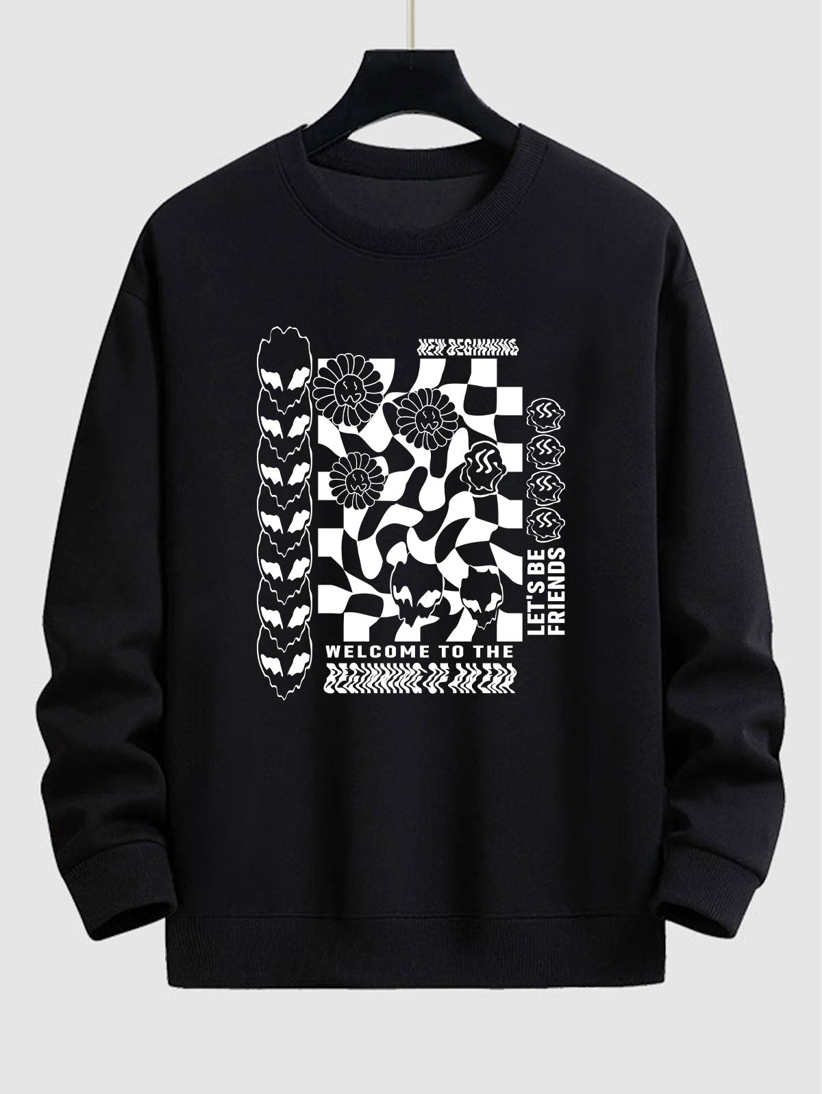 Men's Letter Flower Deformed Checkered Skulls Graphic Printed Crew Neck Pullover Sweatshirt