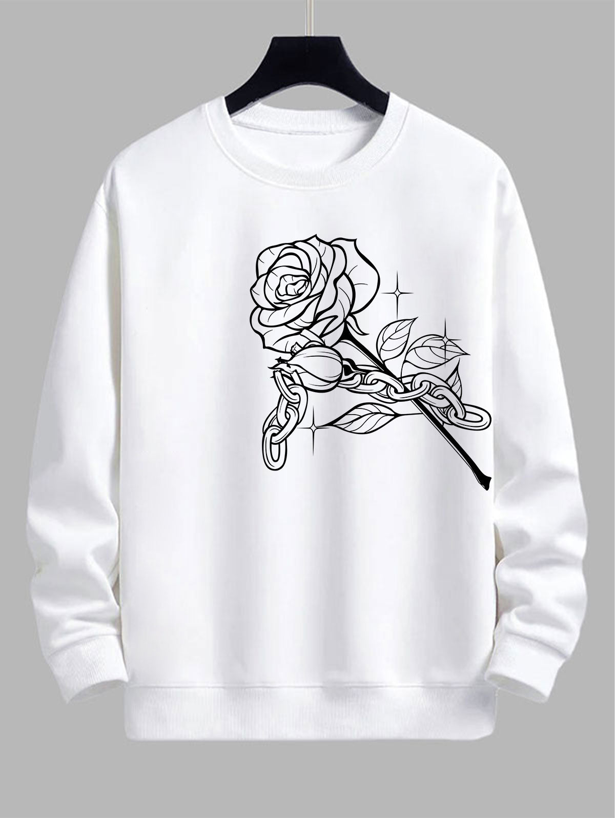 Men's Casual Floral Rose Chain Printed Crew Neck Pullover Sweatshirt