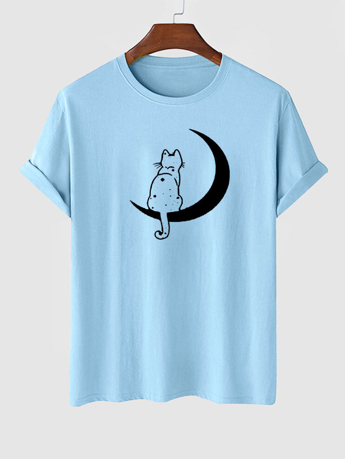 Men's Cat Sitting On The Moon Pattern Crew Neck Short Sleeves T-shirt