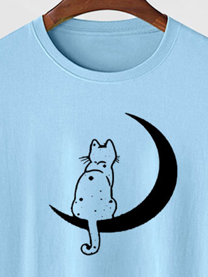 Men's Cat Sitting On The Moon Pattern Crew Neck Short Sleeves T-shirt