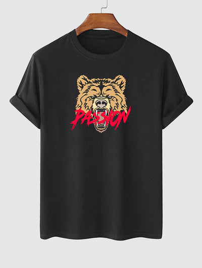 Men's PASSION Letter Tiger Pattern Crew Neck Short Sleeves T-shirt