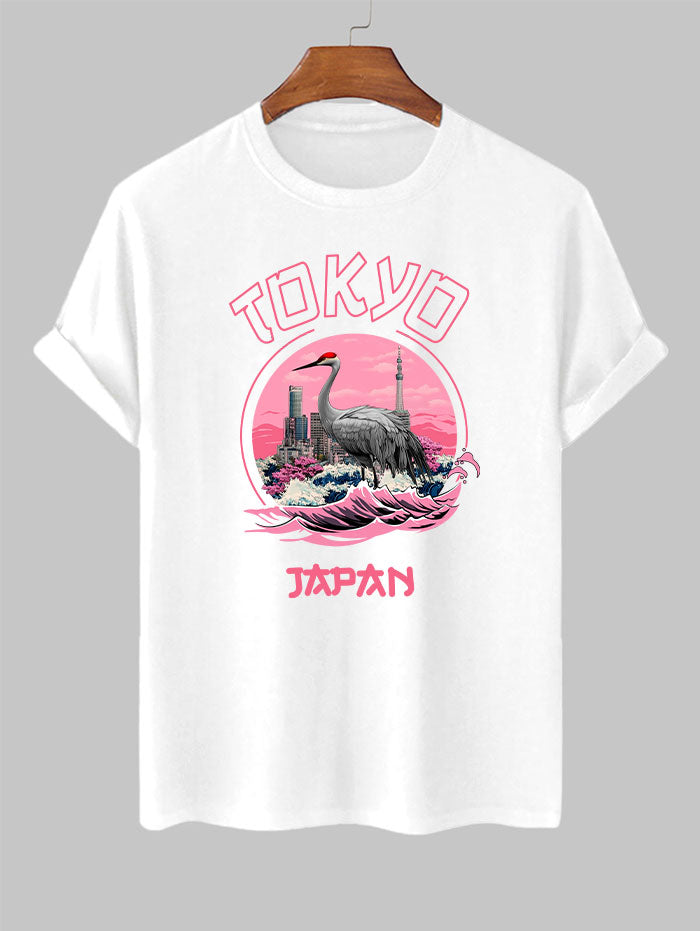 Men's Tokyo Japan Floral Crane Graphic Printed Crew Neck Short Sleeves T-shirt