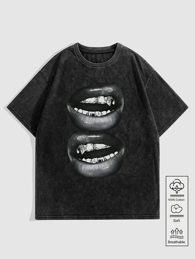 Men's Casual Tie Dye Lip Teeth Pattern Crew Neck Short Sleeves T-shirt