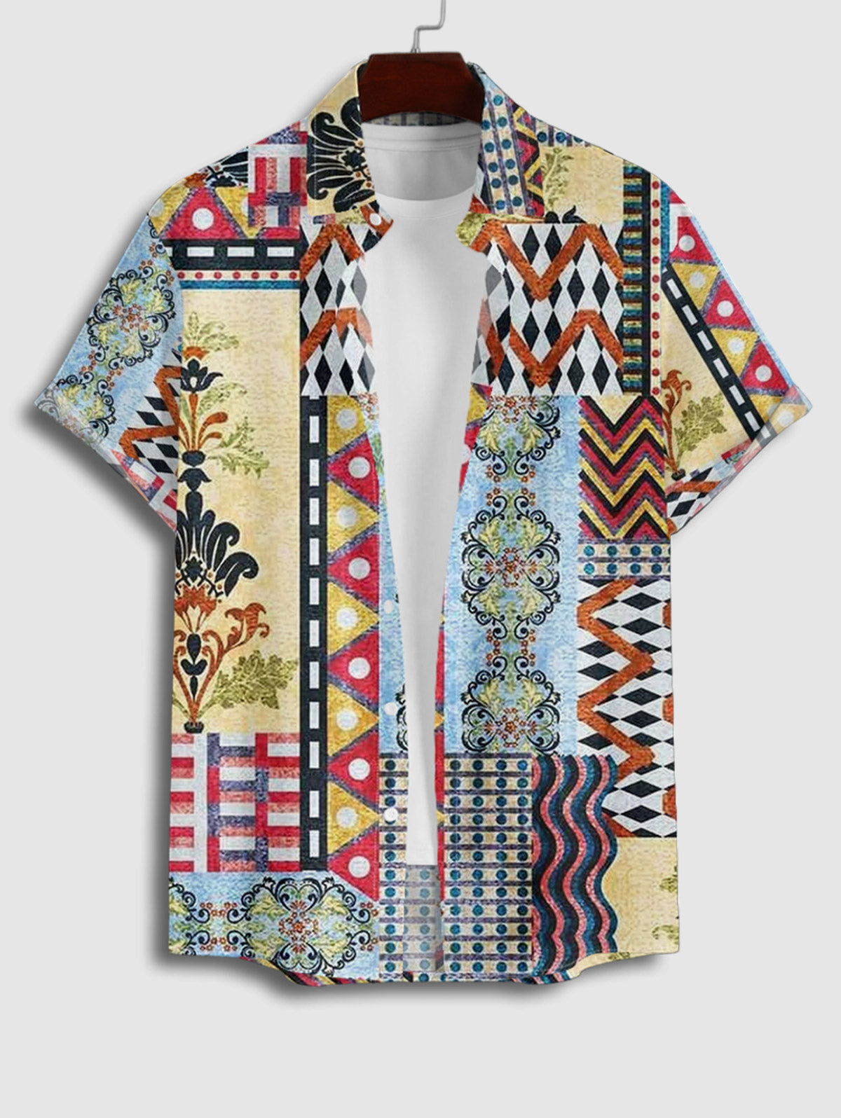 Men's Vintage Ethnic Style Patternblock Print Button Up Short Sleeves Shirt