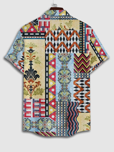 Men's Vintage Ethnic Style Patternblock Print Button Up Short Sleeves Shirt