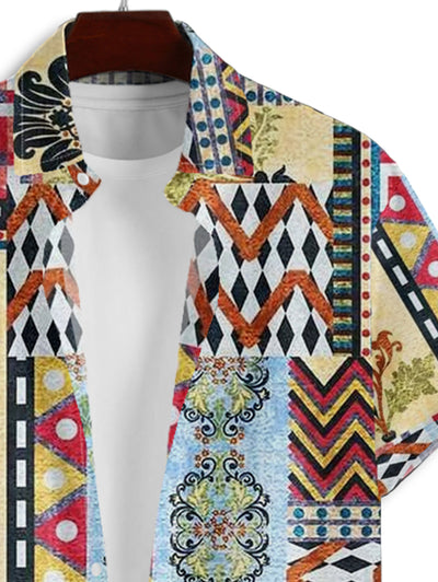 Men's Vintage Ethnic Style Patternblock Print Button Up Short Sleeves Shirt