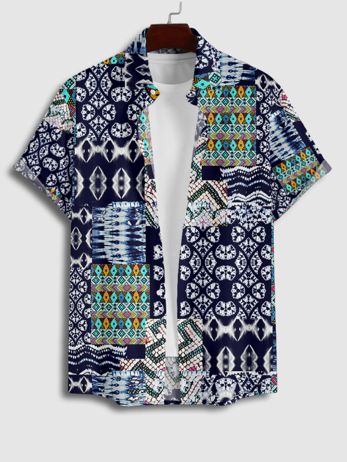 Men's Casual Vintage Patternblock Button Up Short Sleeves Shirt