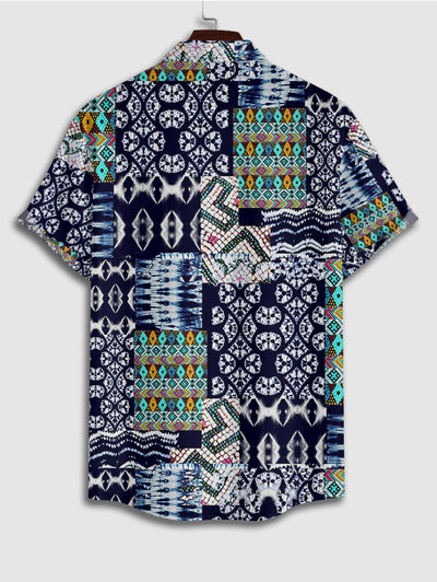 Men's Casual Vintage Patternblock Button Up Short Sleeves Shirt