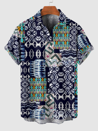 Men's Casual Vintage Patternblock Button Up Short Sleeves Shirt