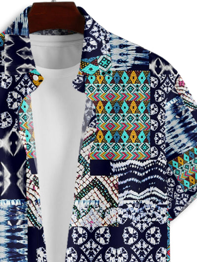 Men's Casual Vintage Patternblock Button Up Short Sleeves Shirt