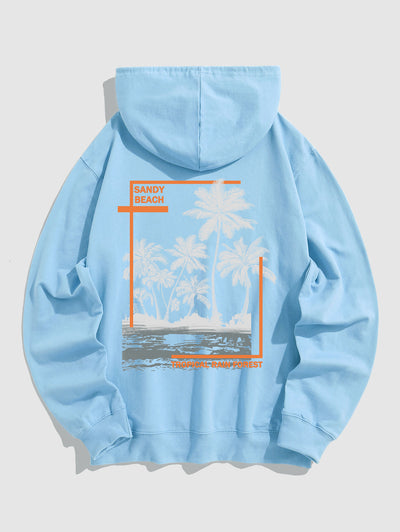 Men's Casual Coconut Tree Letter Graphic Printed Kangaroo Pocket Pullover Hoodie