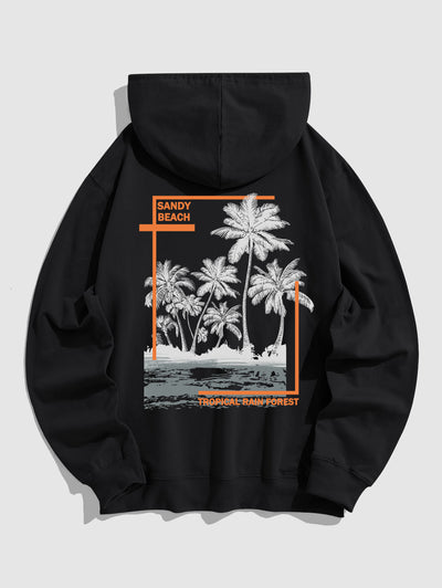 Men's Casual Coconut Tree Letter Graphic Printed Kangaroo Pocket Pullover Hoodie