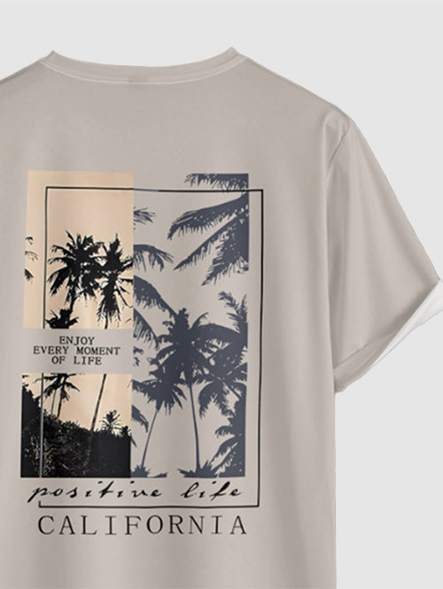 Men's Letter Palm Tree Graphic Printed Crew Neck Short Sleeves T-shirt