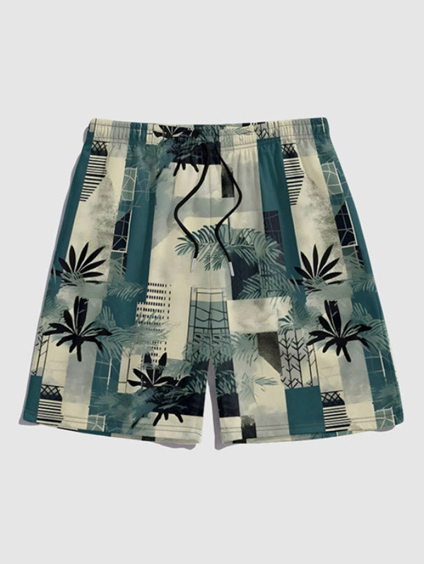 Men's Hawaiian Tropical Leaves Printed Drawstring Casual Shorts