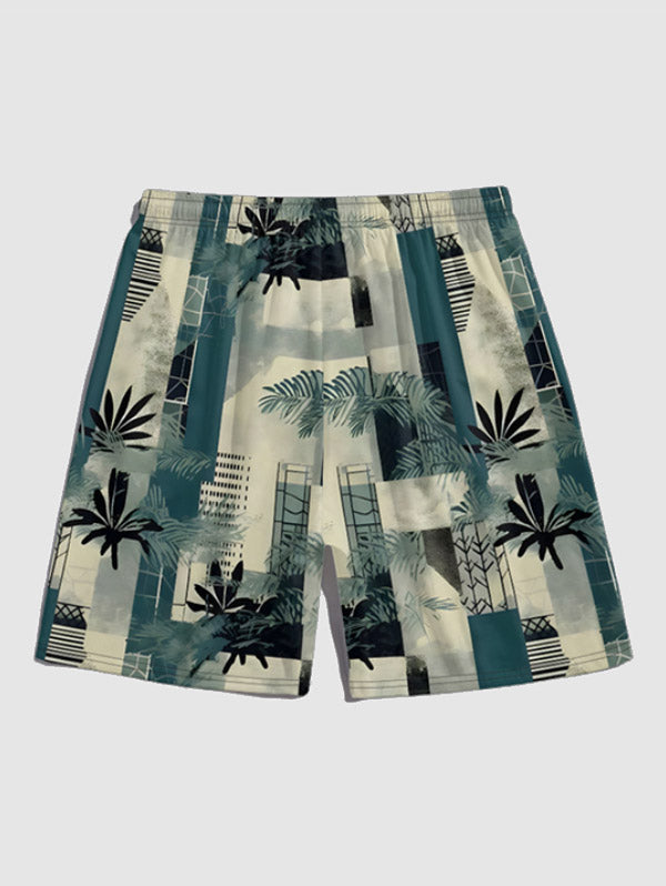 Men's Hawaiian Tropical Leaves Printed Drawstring Casual Shorts