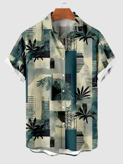 Men's Hawaiian Tropical Leaves Printed Button Up Short Sleeves Shirt