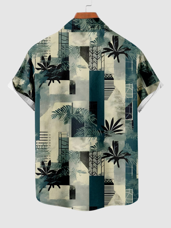 Men's Hawaiian Tropical Leaves Printed Button Up Short Sleeves Shirt