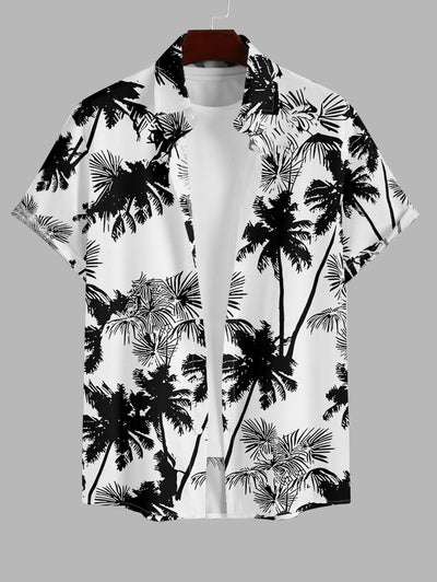 Men's Palm Tree Leaves Printed Button Up Casual Vacation Short Sleeves Shirt