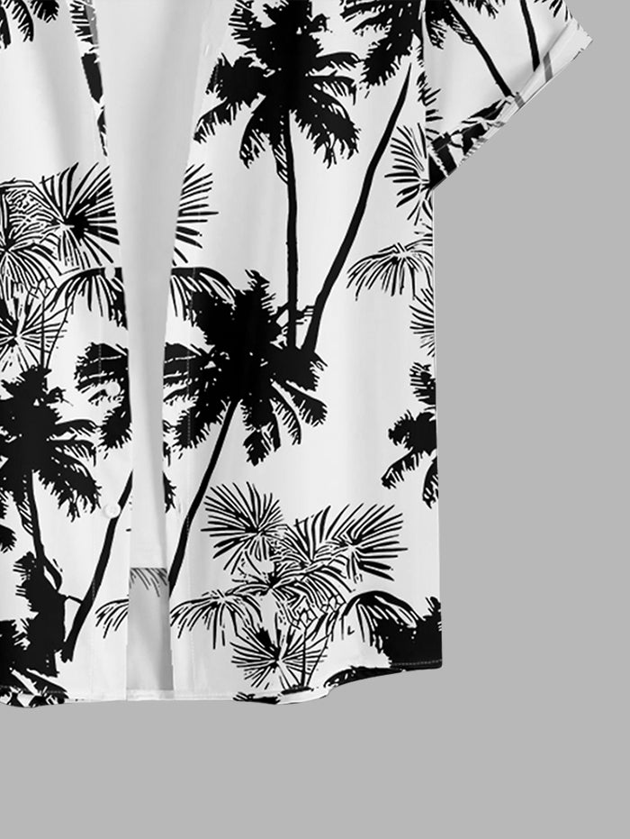 Men's Palm Tree Leaves Printed Button Up Casual Vacation Short Sleeves Shirt