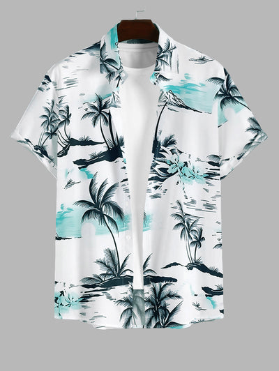 Men's Casual Hawaiian Coconut Tree Mountain Printed Button Up Short Sleeves Shirt