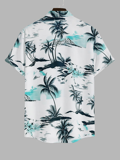 Men's Casual Hawaiian Coconut Tree Mountain Printed Button Up Short Sleeves Shirt