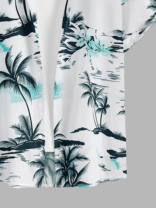 Men's Casual Hawaiian Coconut Tree Mountain Printed Button Up Short Sleeves Shirt