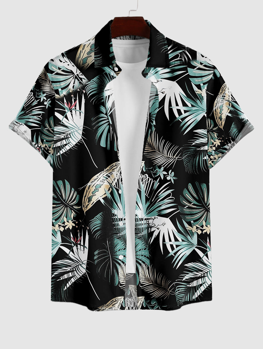 Men's Casual Hawaiian Leaves Tropical Print Button Up Short Sleeves Shirt