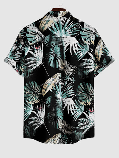 Men's Casual Hawaiian Leaves Tropical Print Button Up Short Sleeves Shirt