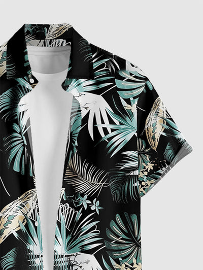 Men's Casual Hawaiian Leaves Tropical Print Button Up Short Sleeves Shirt