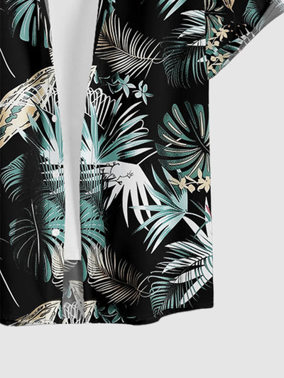 Men's Casual Hawaiian Leaves Tropical Print Button Up Short Sleeves Shirt