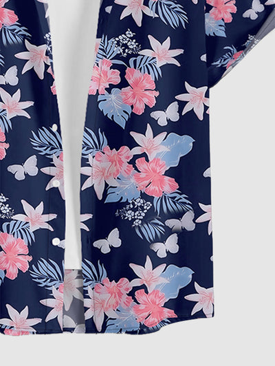 Men's Floral Leaves Butterfly Printed Button Up Casual Vacation Short Sleeves Shirt