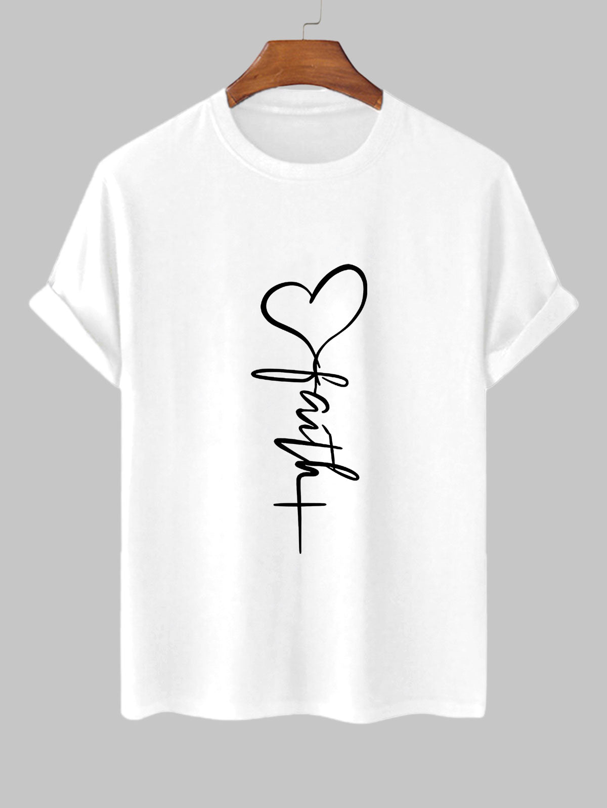 Men's Faith Letter Heart Cross Printed Crew Neck Short Sleeves T-shirt