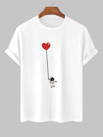 Men's Cartoon Astronaut Heart Printed Crew Neck Short Sleeves T-shirt