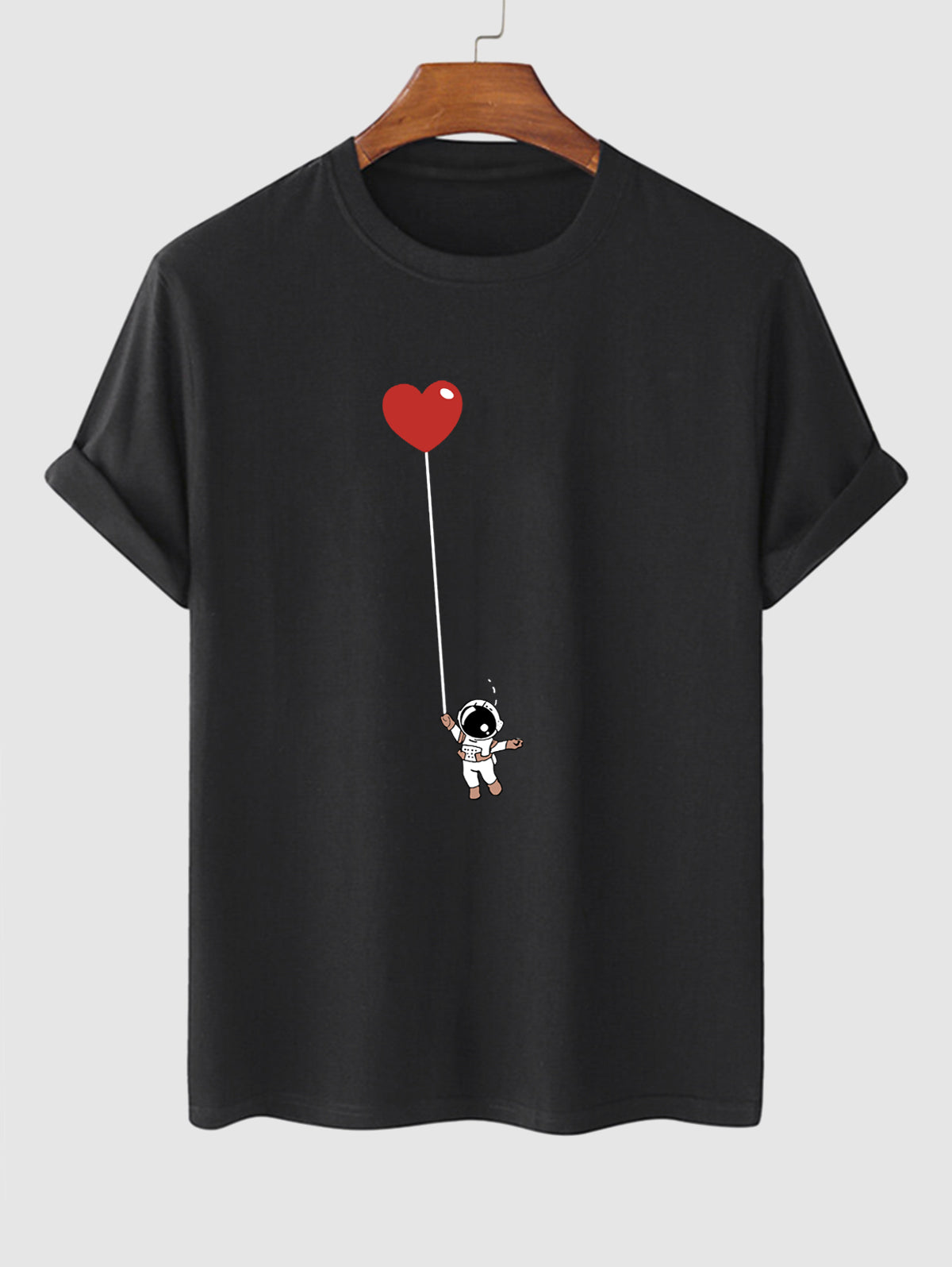 Men's Cartoon Astronaut Heart Printed Crew Neck Short Sleeves T-shirt