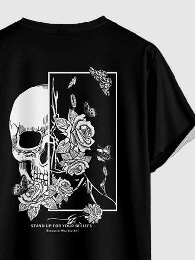 Men's Floral Rose Butterfly Skull Letter Graphic Printed Crew Neck Short Sleeves T-shirt