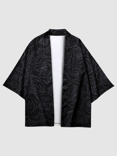 Men's Casual Floral Rose Printed Open Front Kimono