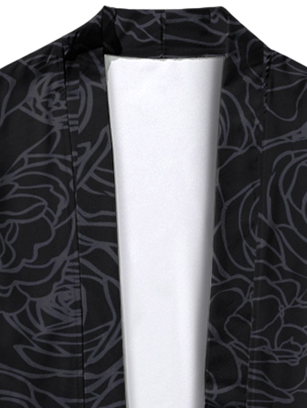 Men's Casual Floral Rose Printed Open Front Kimono